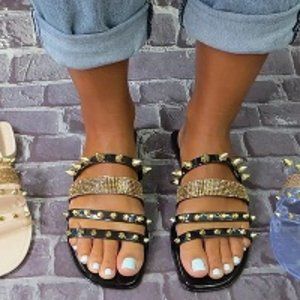 JELLY SANDALS,  SPIKED RHINESTONE TRIM DECORATION SLIDE STRAP SANDAL